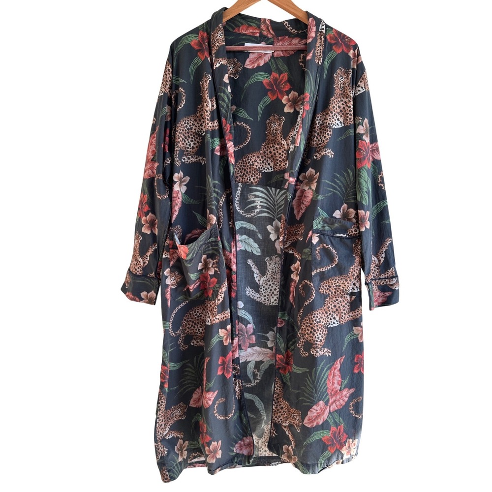 Desmond & Dempsey Soleia Leopard Tropical Floral Cotton Robe Women Large No Belt